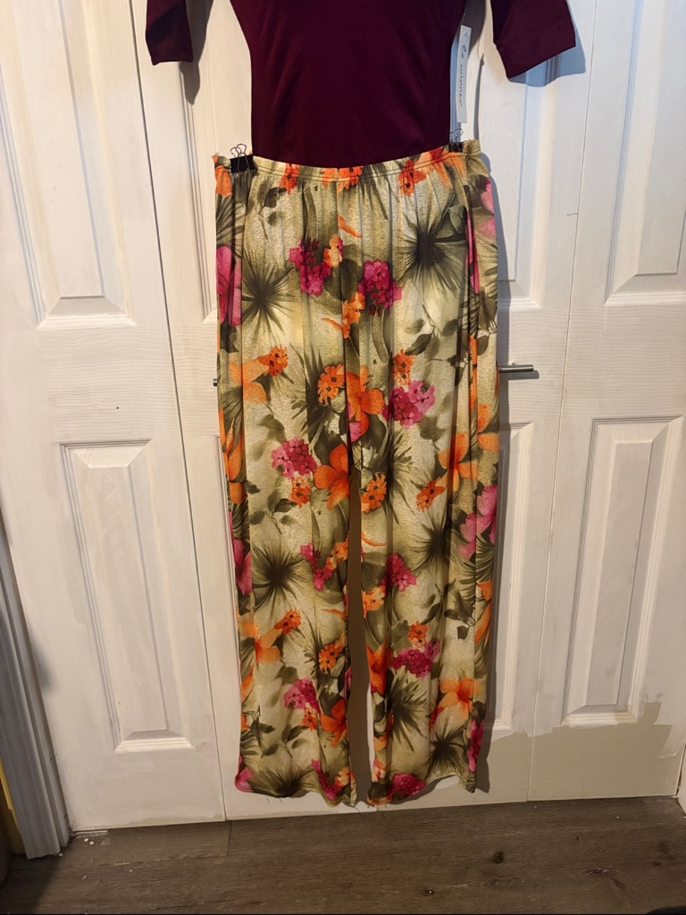 Christina Olive Wide-Leg Floral Palazzo Pants with Orange & Pink Blooms